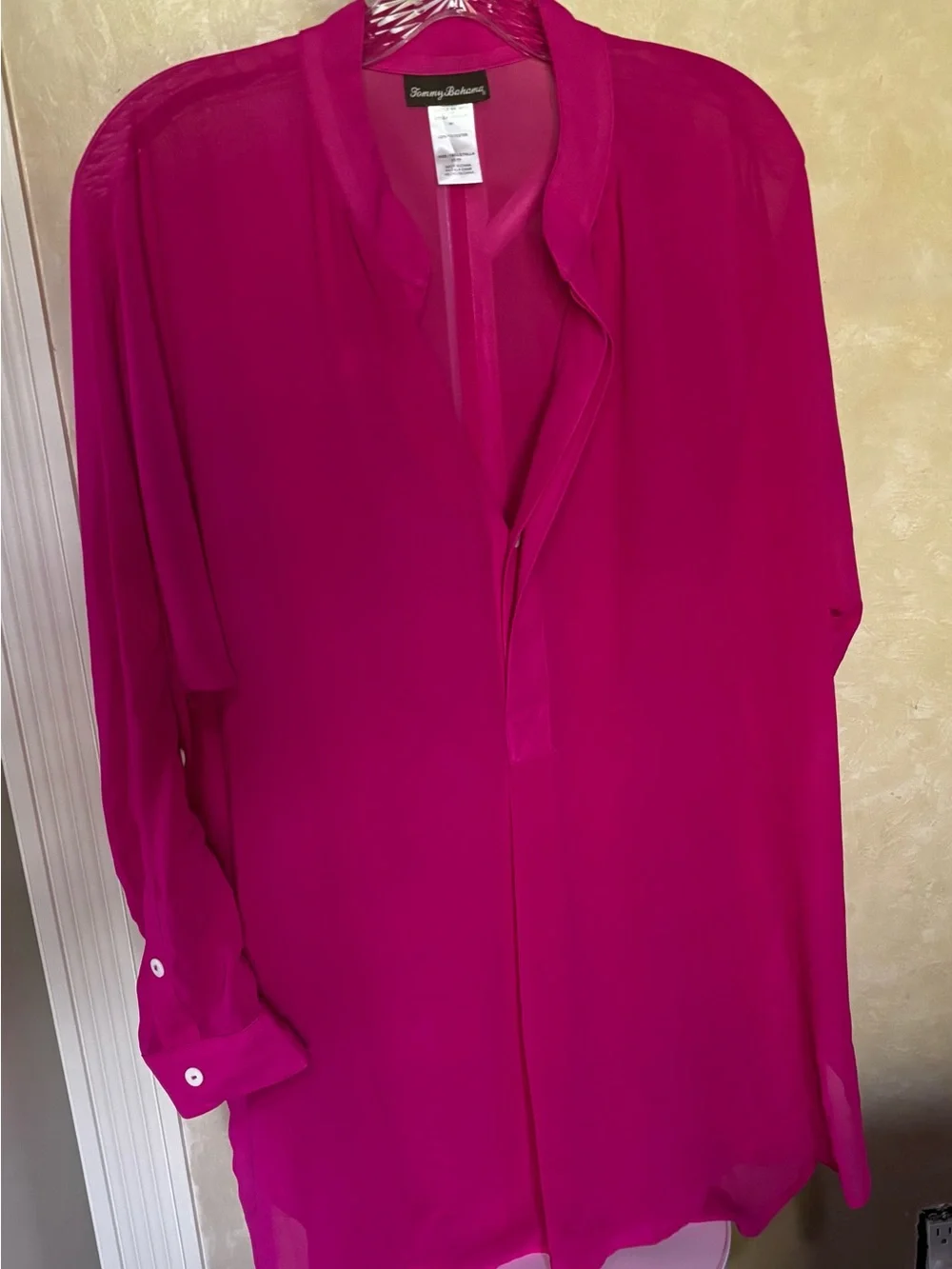 Tommy Bahama Mandarin Collar Tunic- Sheer Bright Pink Swim Cover-Up Blouse